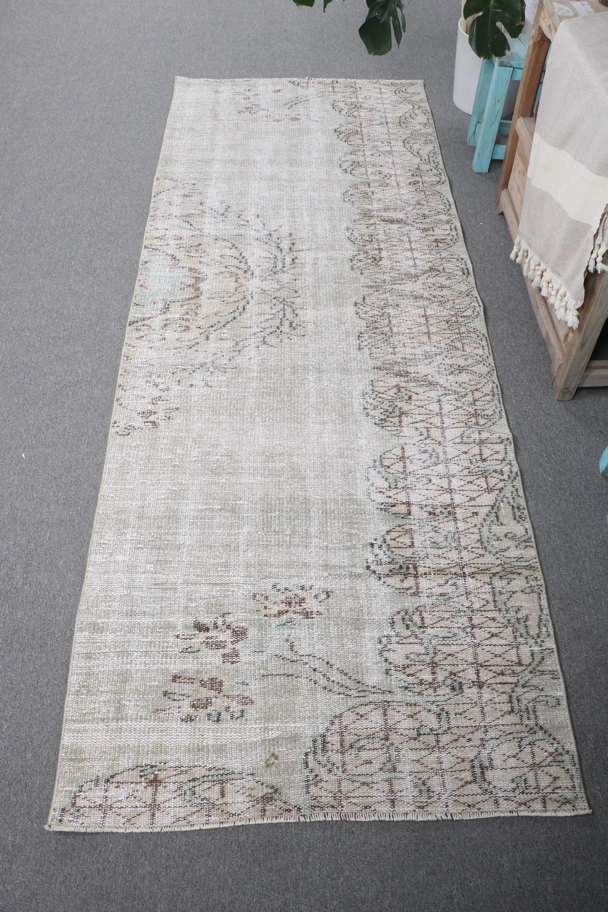 Turkish Vintage Rug, 3x8 ft Rug, White Brown Check Rug - 1