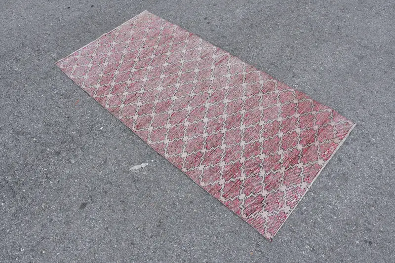 Vintage Accent Halı, 2.9x5.8 ft Türk Halısı, Kırmızı Kareli Yün Halı - 1