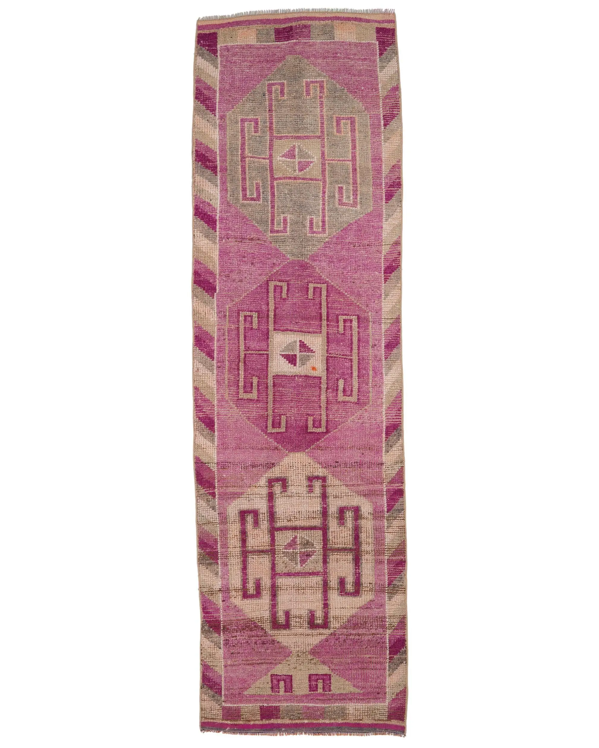 Vintage Rug, 3x10.3 ft Runner Turkish Rug, Herki Pink Gray Moroccan Rug - 1