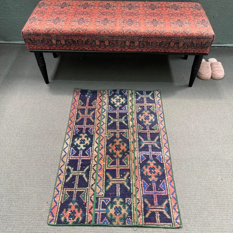 Turkish Small Rug 2.1x3.2 ft, Blue Vintage Wool Rug - 1