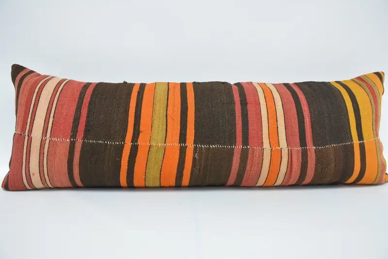 Almohada de rayas hecha a mano, almohada de lanzamiento rectangular marrón y rojo de 16x48