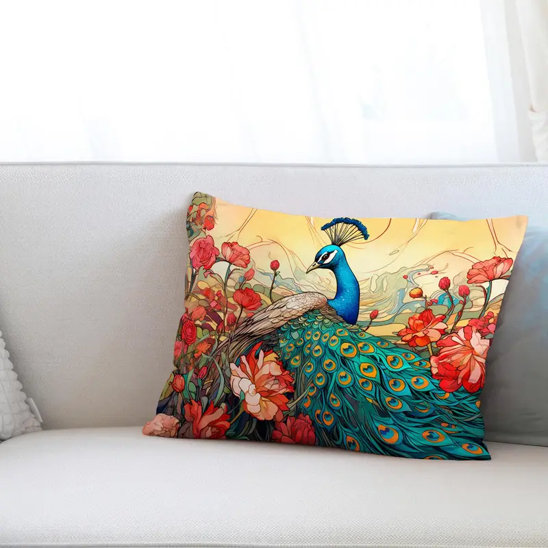 Kissen mit Pfauen- und Rosen-Blumenmuster – lebendiger Wohnakzent