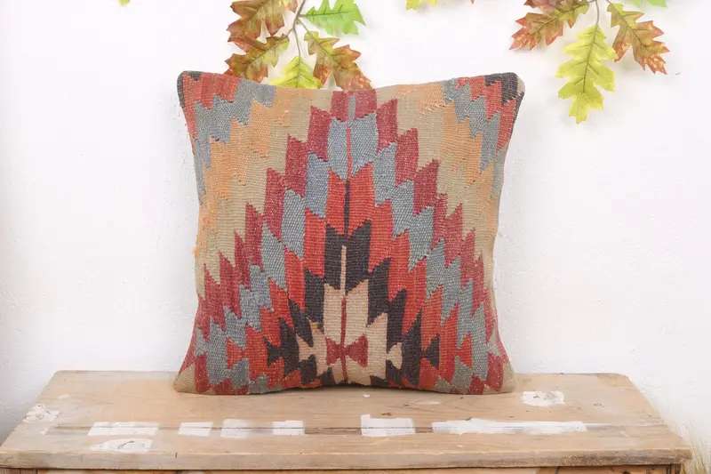 Rot & Bronze besticktes Wurfkissen, geometrisches Vintage-Kissen