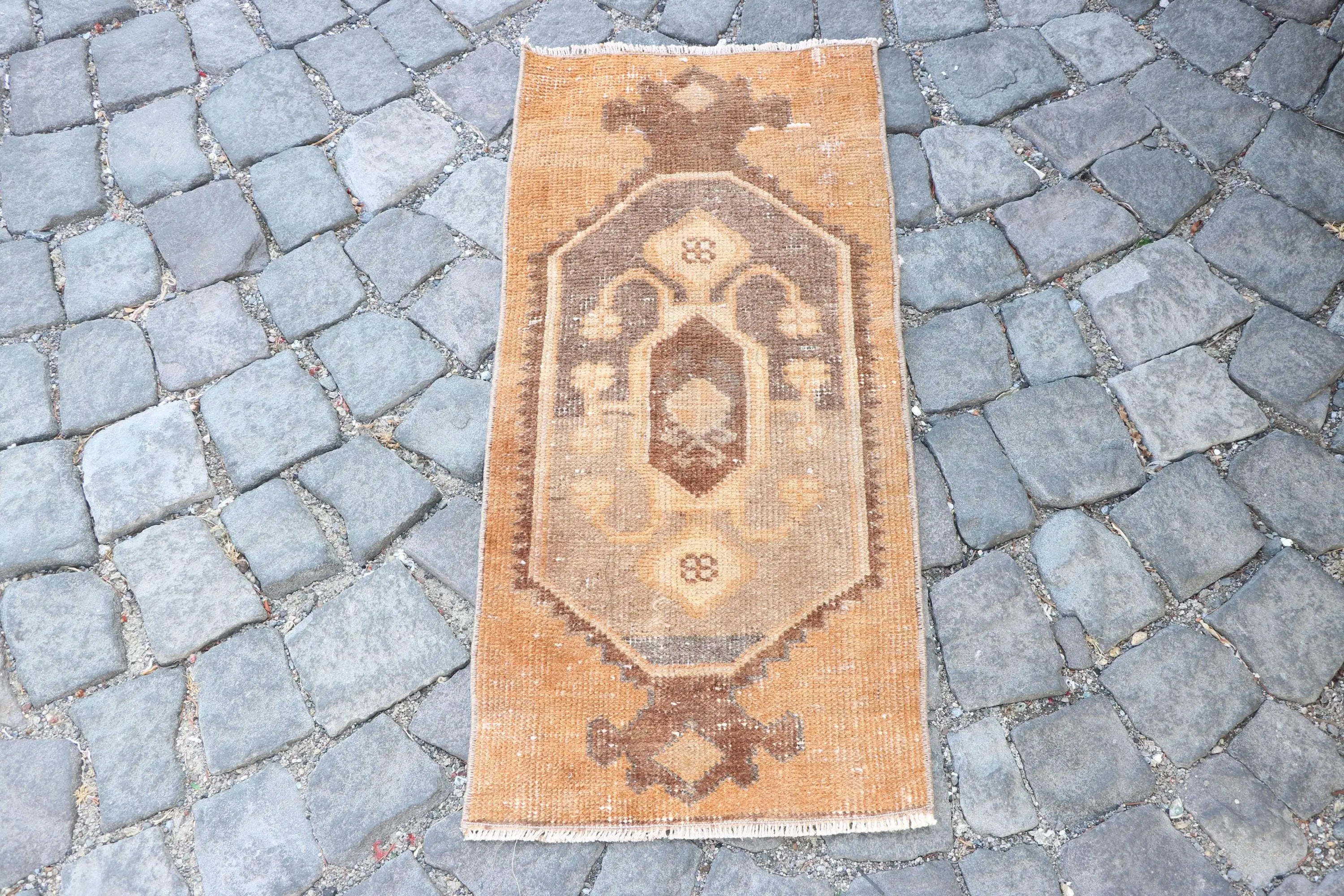 Turkish Vintage Rug, 1.2x2.7 ft Rug, Brown Small Rug - 1