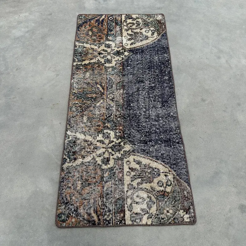 Turkish Vintage Rug, 1.8x4.1 ft Oushak Rug, Blue Brown Southwestern Rug - 1