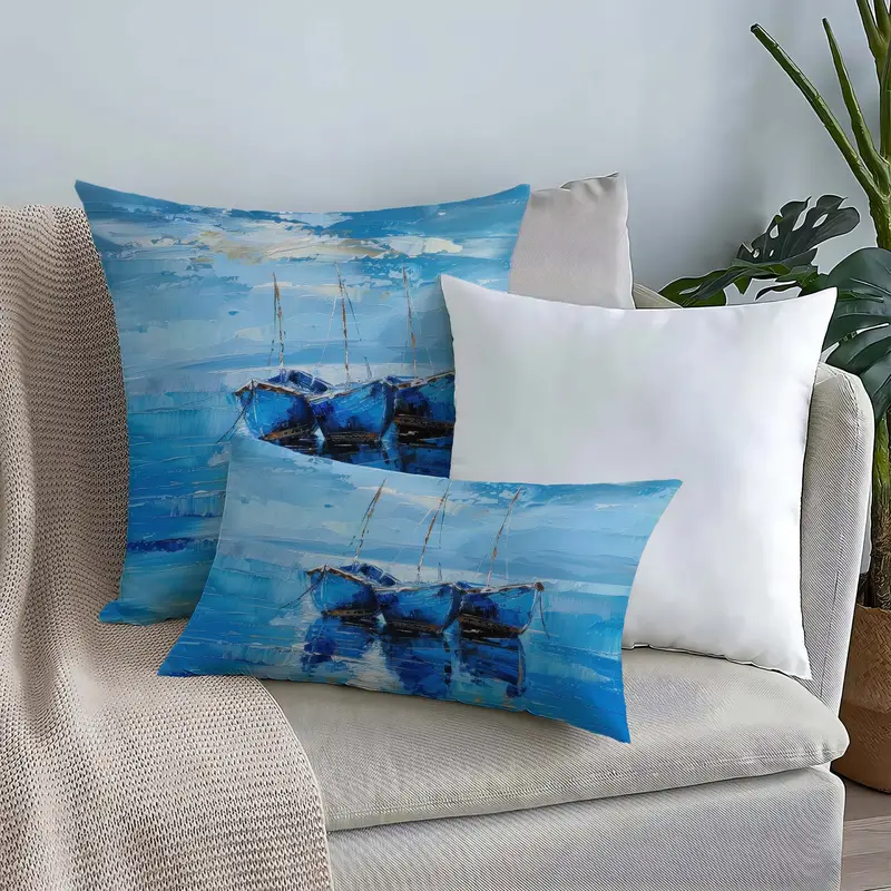 Blaues, abstraktes, mit Meereslandschaft bedrucktes Kissen – moderne Bürodekoration
