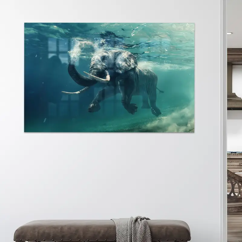 Vidrio impreso moderno: Elefante nadando bajo el agua para la habitación de los niños