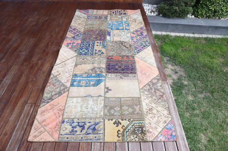 El Yapımı Mor İkat Halı, Turuncu Desenli 3,9x8,7 ft