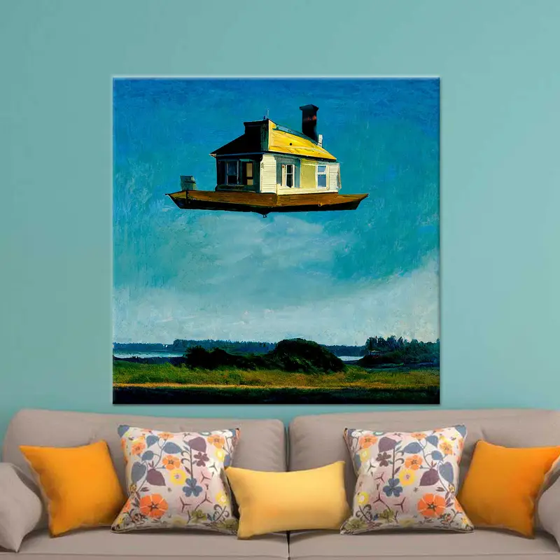Tuval Baskı Havada Yüzen Ev Gerçeküstü Soyut