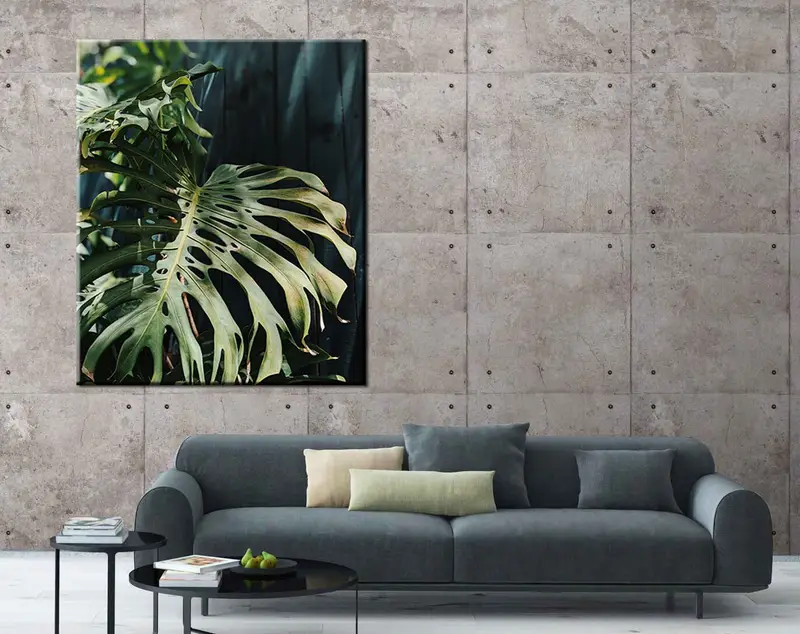 Monstera tuval dekor, duvar sanatı tuval, tuval baskısı, tuval boyama, çiçek baskılı tuval, tuval masa, çerçeveli resim, tek tuval - 1