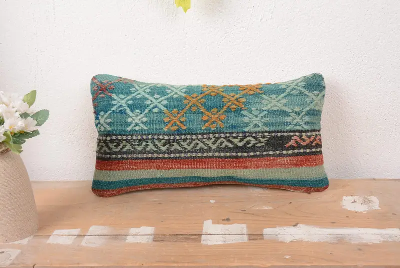 Blau & Grün gestreiftes Kissen, Vintage besticktes Kissen