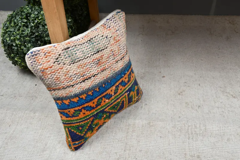 12x12 Blue Pillow, Bright Pillow Sham, Rustic Cushion, Throw Kilim Pillow, Pillow Sham, Interior Designer Pillow, Ethnical Kilim Rug Pillow - 7