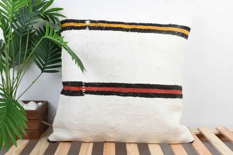 Handwoven Cushion, Pillow Case, 24x24 White Pillow Cover, Pillow for Couch, Turkish Bench Pillow, Turkish Kilim Pillow, Boho Pillow - 1