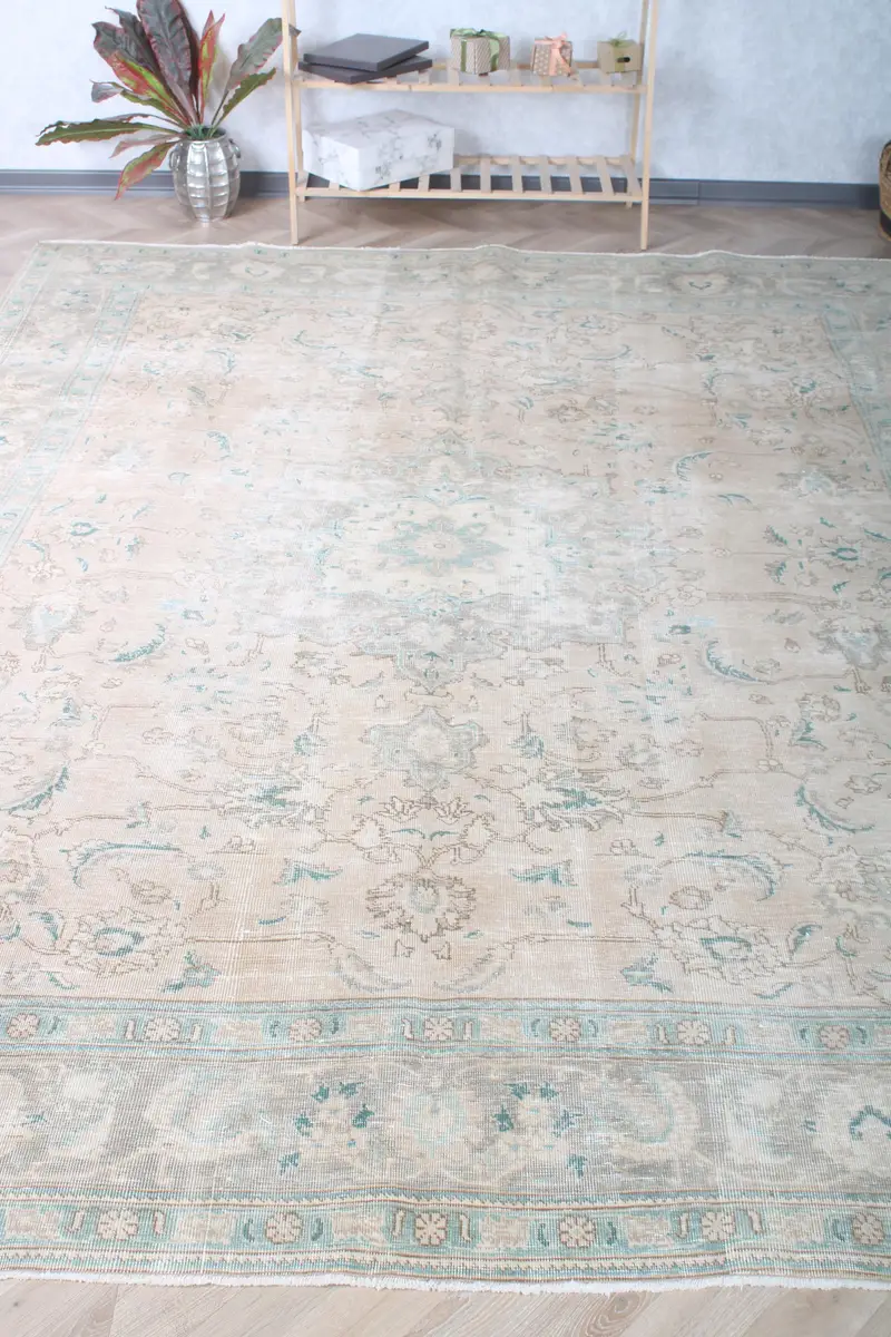 Türk Vintage Halısı, 8.7x11.2 ft Büyük Boy Halı, Mavi Beyaz Ombré Halı - 1