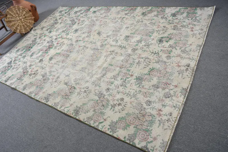 Vintage 6.1x8.9 ft Rug, Large Turkish Rug, White Wool Rug - 1