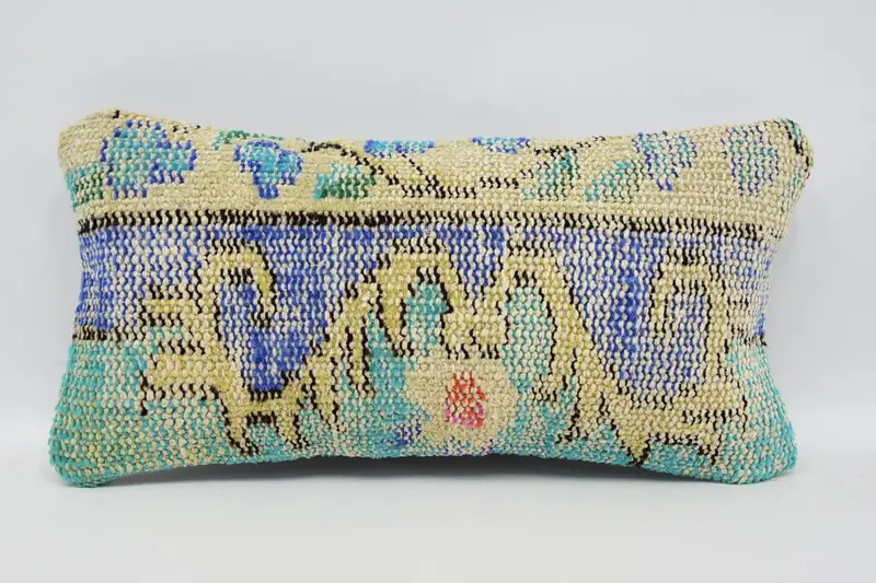 Boho Pillow, Handwoven Pillow Cover Cushion Case, Seat Pillow, Knitted Cushion Case, 8x16 Blue Pillow, Pillow for Couch, Pillow, Kilim Cushion Sham - 1