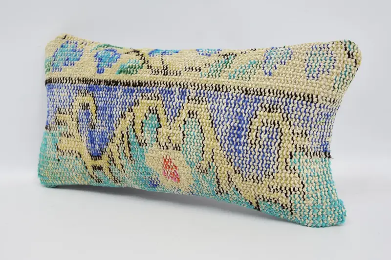 Boho Pillow, Handwoven Pillow Cover Cushion Case, Seat Pillow, Knitted Cushion Case, 8x16 Blue Pillow, Pillow for Couch, Pillow, Kilim Cushion Sham - 4