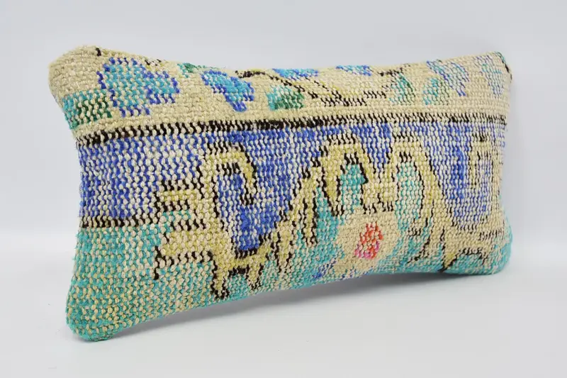 Boho Pillow, Handwoven Pillow Cover Cushion Case, Seat Pillow, Knitted Cushion Case, 8x16 Blue Pillow, Pillow for Couch, Pillow, Kilim Cushion Sham - 3