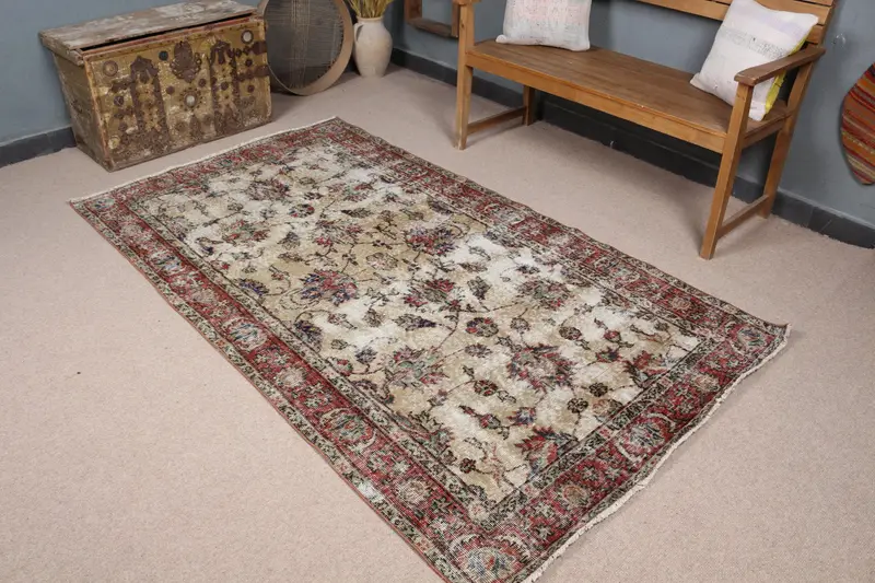 Zarif Bej ve Kırmızı Halı, 4,2x7,3 ft Çizgili Geometrik Tasarım