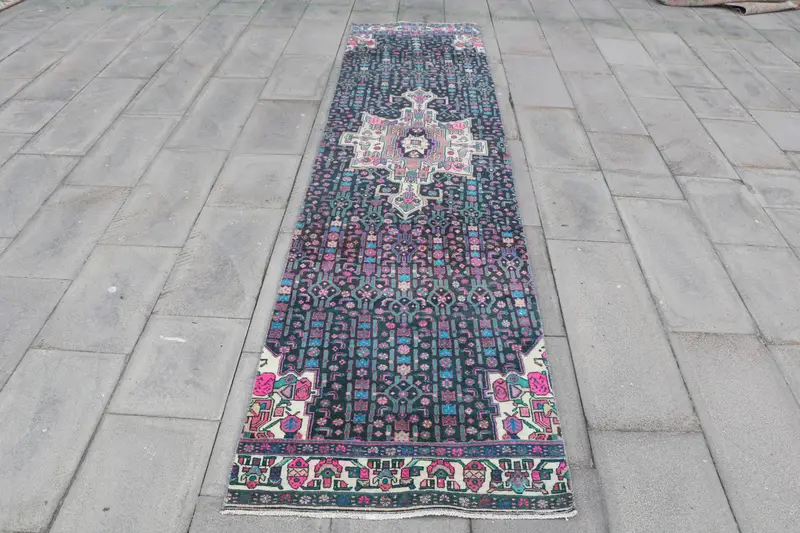 Vintage Rug, 2.6x10.9 ft Runner Rug, Blue Bordered Wool Turkish Rug - 1
