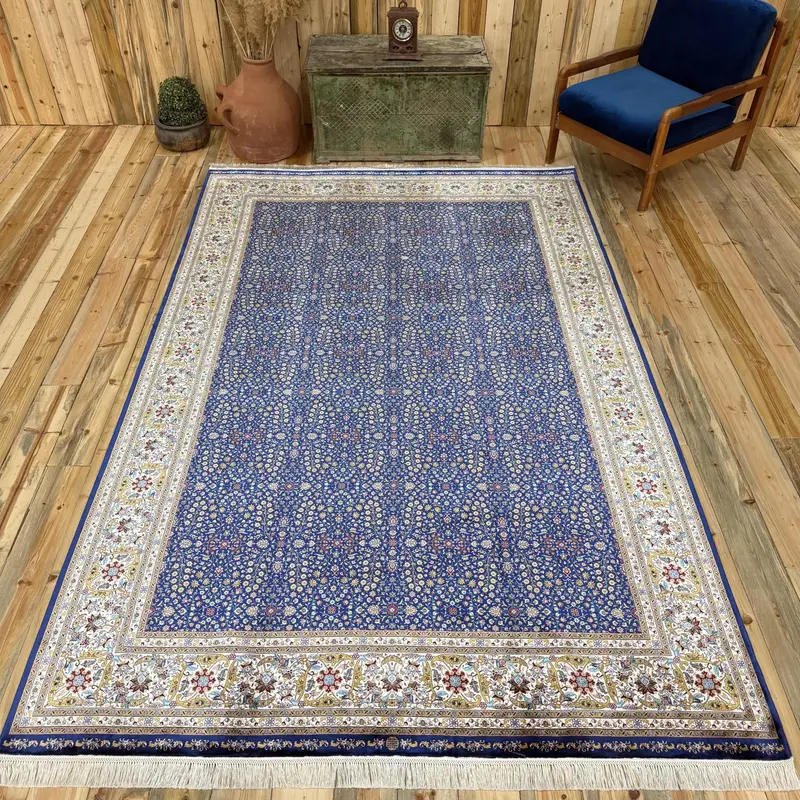 Alfombra turca vintage de 6,3x9,9 pies, alfombra grande, alfombra de seda del suroeste blanco azul - 1