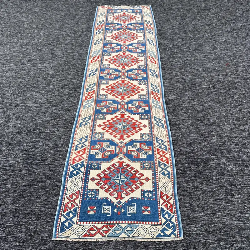 Bej ve Mavi Hayvan Baskılı Halı, 0,2x9,1 ft Şık Dekor