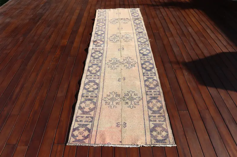Vintage Turkish Runner Rug 2.6x9.2 ft, Blue Red Bordered Rug - 1