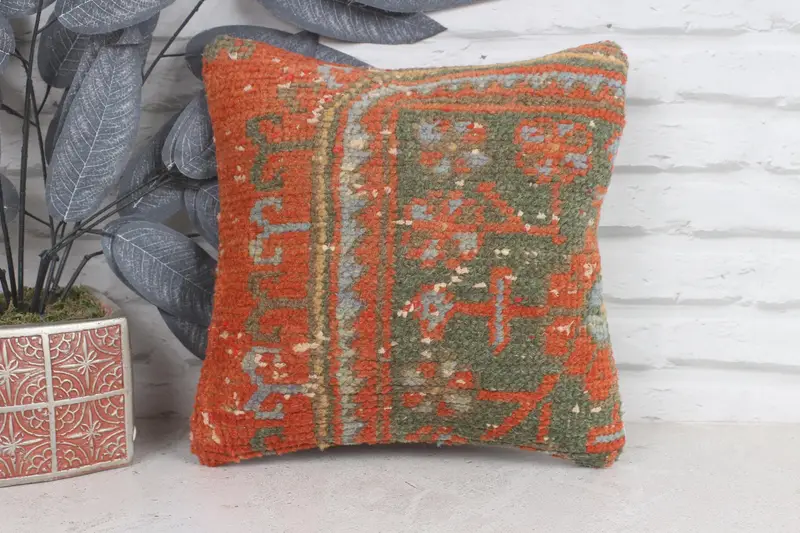 Pastel Pillow Sham, Cushion Case, Shabby Chic Cushion Cover, Throw Kilim Pillow, 12x12 Orange Cushion, Pillow for Sofa, Vintage Kilim Throw Pillow - 1