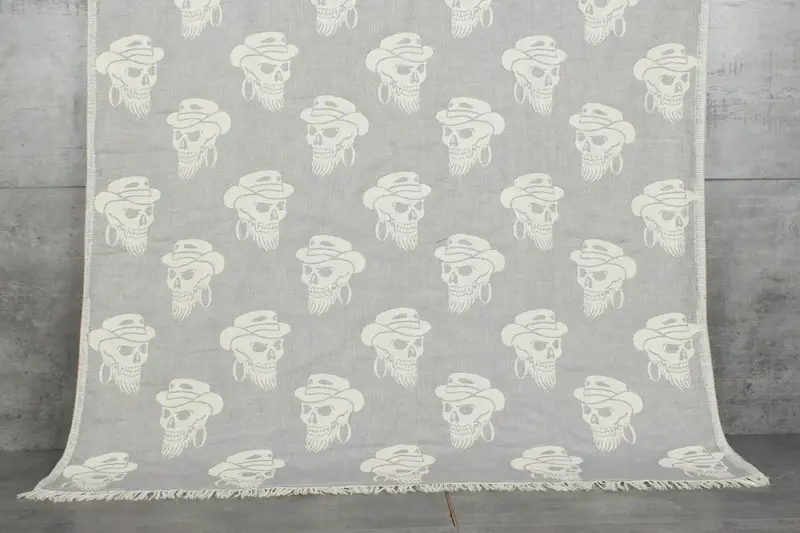 Friends Beach Towel Gray Skull Patterned, Organic Cotton, 36x71 Inches
