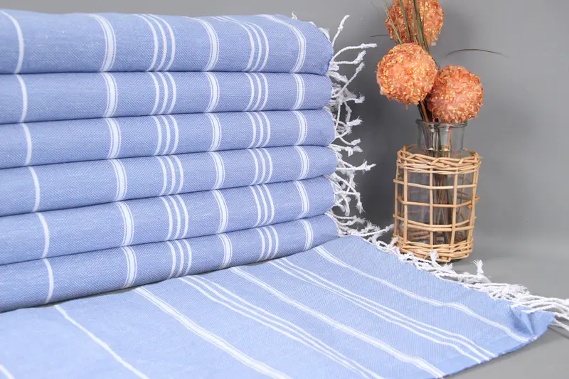 Monogram Tea Towel Blue Striped Organic Cotton, 24x40 Inches