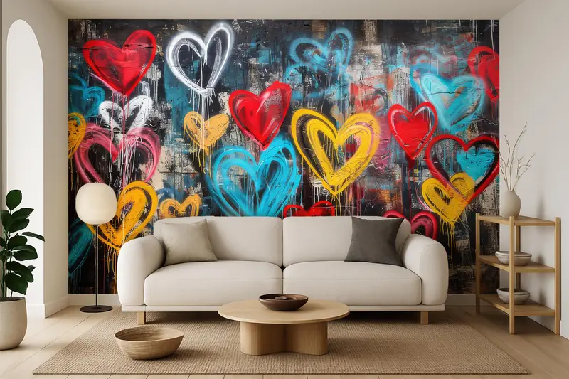 Elegante bedruckte Tapete: Liebesgraffiti, Herzen, bunte Muster