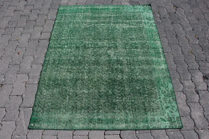 3.7x4.9 ft Accent Vintage Rug, Turkish Rug, Green White Solid Wool Rug - 1