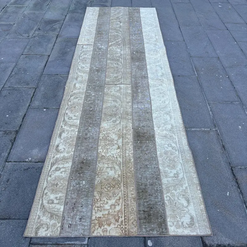Alfombra turca Runner, alfombra vintage de 3,3x10,8 pies, alfombra de lana Oushak gris - 1
