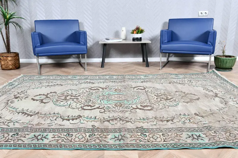 Vintage 5.8x8.7 ft Rug, Large Turkish Rug, Gray Blue Bordered Wool Rug - 1