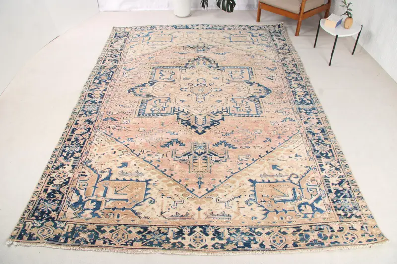 Vintage Halı, Büyük Boy 7.3x10.4 ft Halı, Oushak Mavi Çizgili Halı - 1