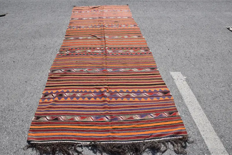 Türkischer Teppich, 4,5x13,2 ft Läufer Vintage Teppich, Kelim Rot Orange Massiver Teppich - 1