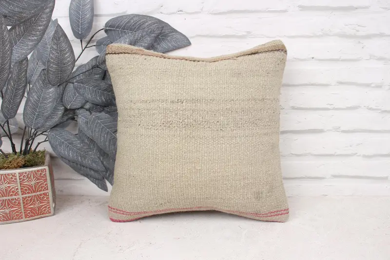 14x14 Beige Cushion Case, Pillow for Couch, Square Throw Pillow Case, Boho Pillow Sham Cover, Pillow Cover, Ethnical Kilim Rug Pillow - 1