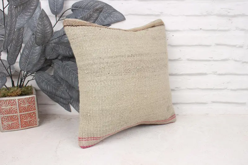 14x14 Beige Cushion Case, Pillow for Couch, Square Throw Pillow Case, Boho Pillow Sham Cover, Pillow Cover, Ethnical Kilim Rug Pillow - 3