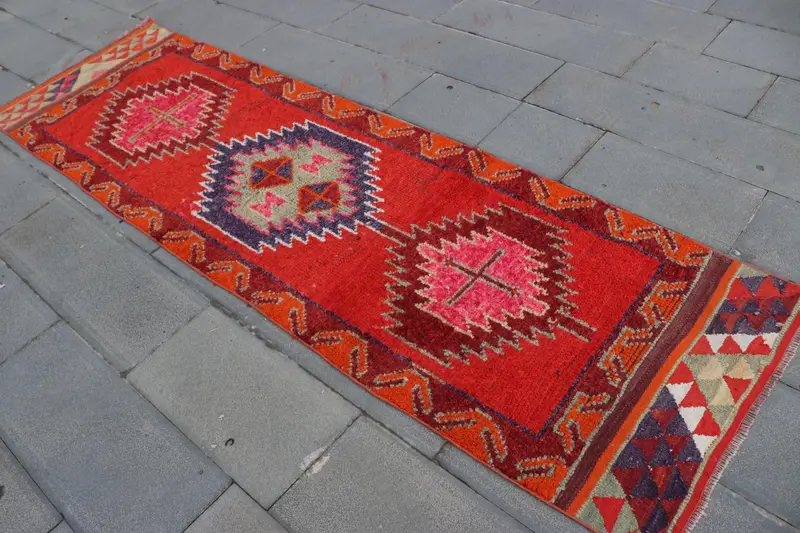 Vintage Runner Rug, 2.8x9.4 ft Turkish Rug, Red Abstract Wool Rug - 1