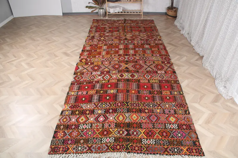 Alfombra turca, alfombra vintage de gran tamaño de 5,6x14,1 pies, alfombra de lana de camuflaje rojo - 1