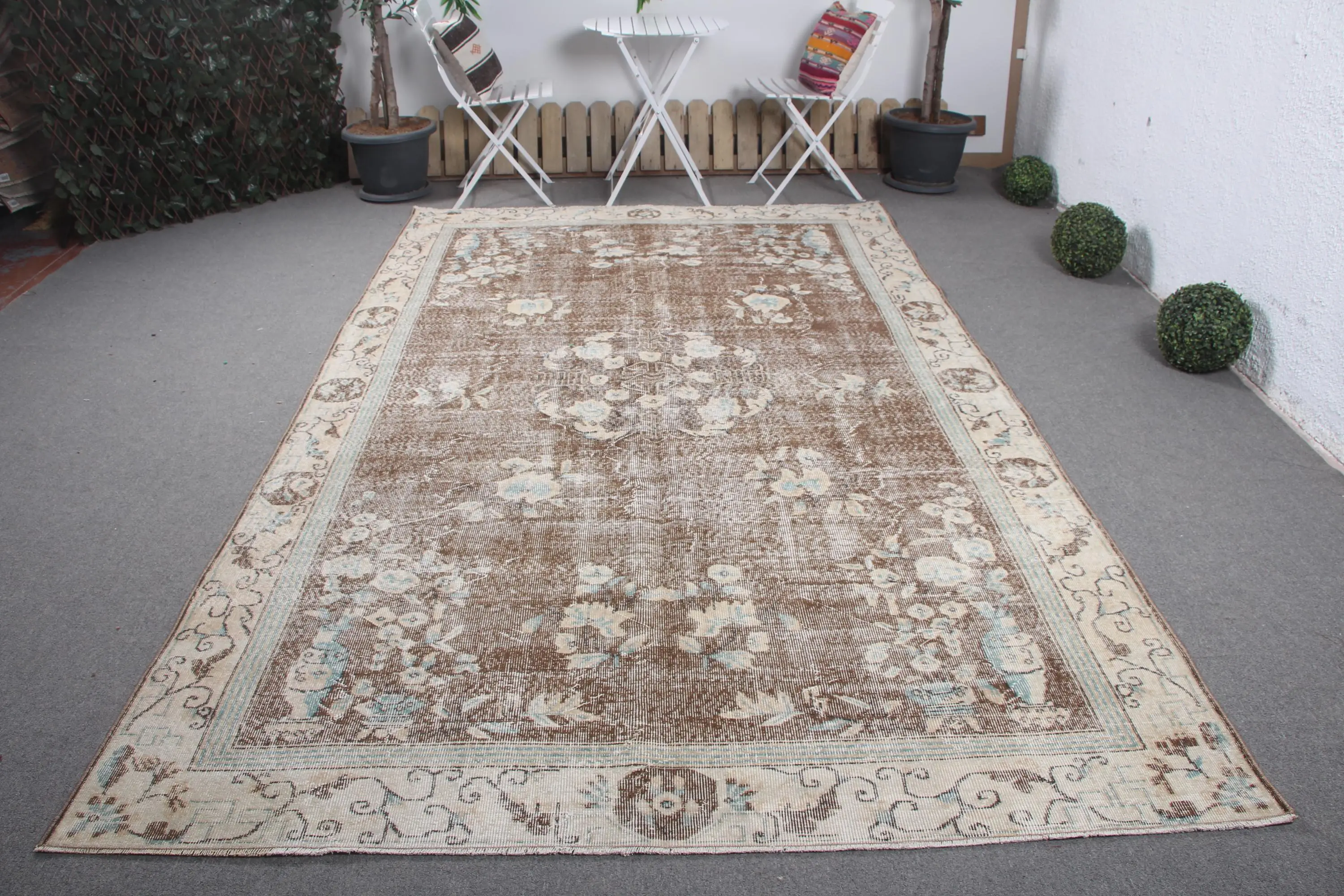 Vintage Oversize Rug 6.6x10.9 ft, Brown Polka dot Turkish Wool Rug - 1