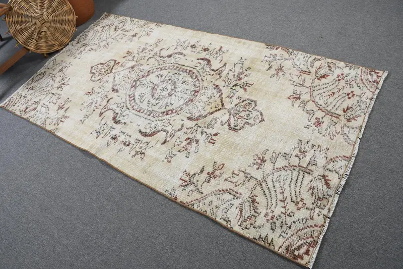 Turkish Vintage Rug 3.6x6.9 ft (110x209 cm), Oushak Brown Wool Rug - 1