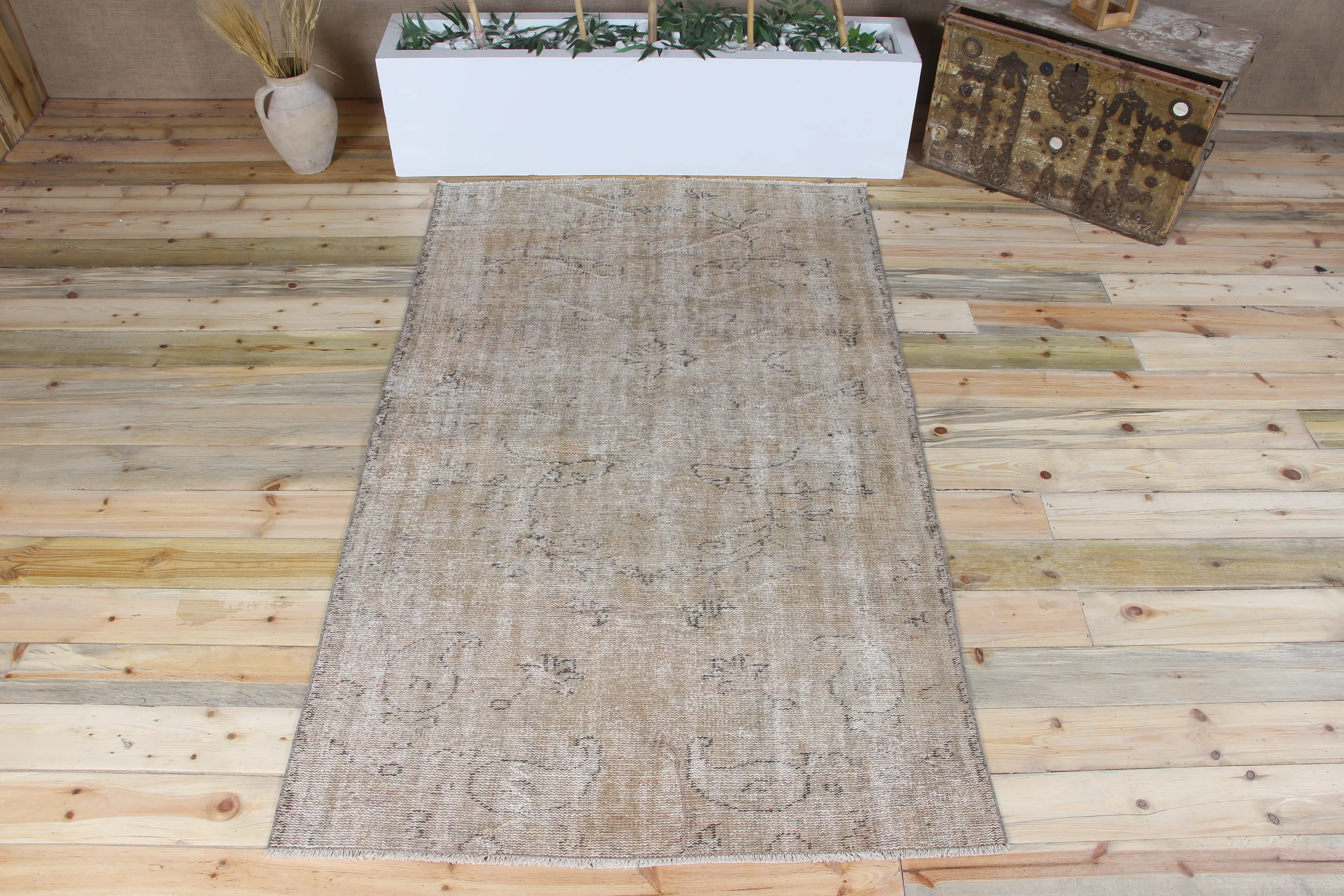 Turkish Area Rug 4.2x7.1 ft, Vintage Oushak Brown Floral Rug - 1