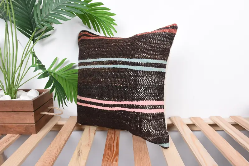 Turkish Pillow, Designer Throw Pillow Case, Vintage Kilim Throw Pillow, Pillow, Retro Pillow, 16x16 Brown Cushion Case, Boho Pillow - 5