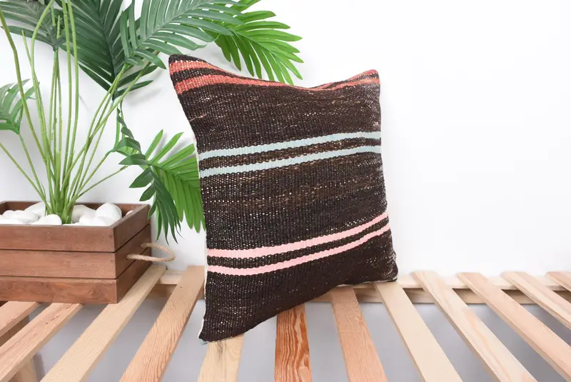Turkish Pillow, Designer Throw Pillow Case, Vintage Kilim Throw Pillow, Pillow, Retro Pillow, 16x16 Brown Cushion Case, Boho Pillow - 4
