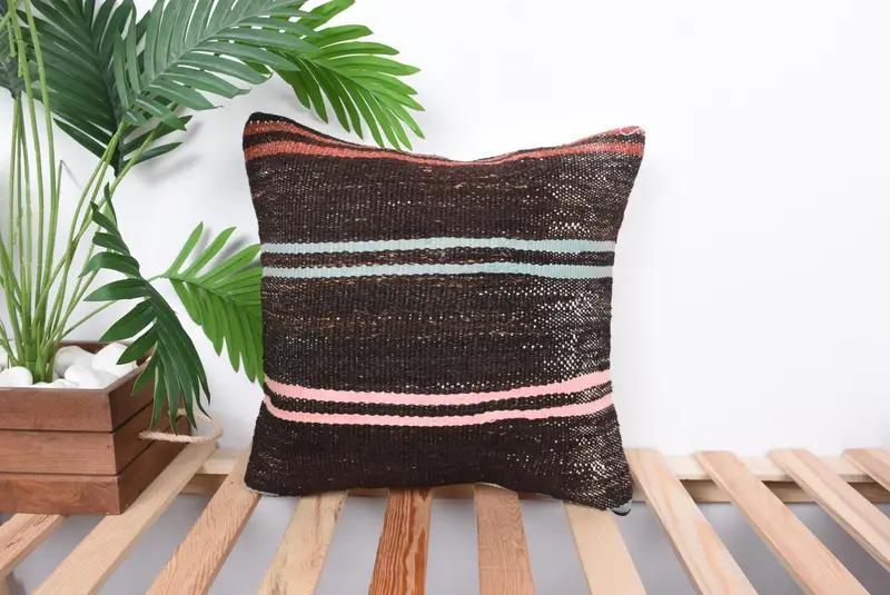 Turkish Pillow, Designer Throw Pillow Case, Vintage Kilim Throw Pillow, Pillow, Retro Pillow, 16x16 Brown Cushion Case, Boho Pillow - 1