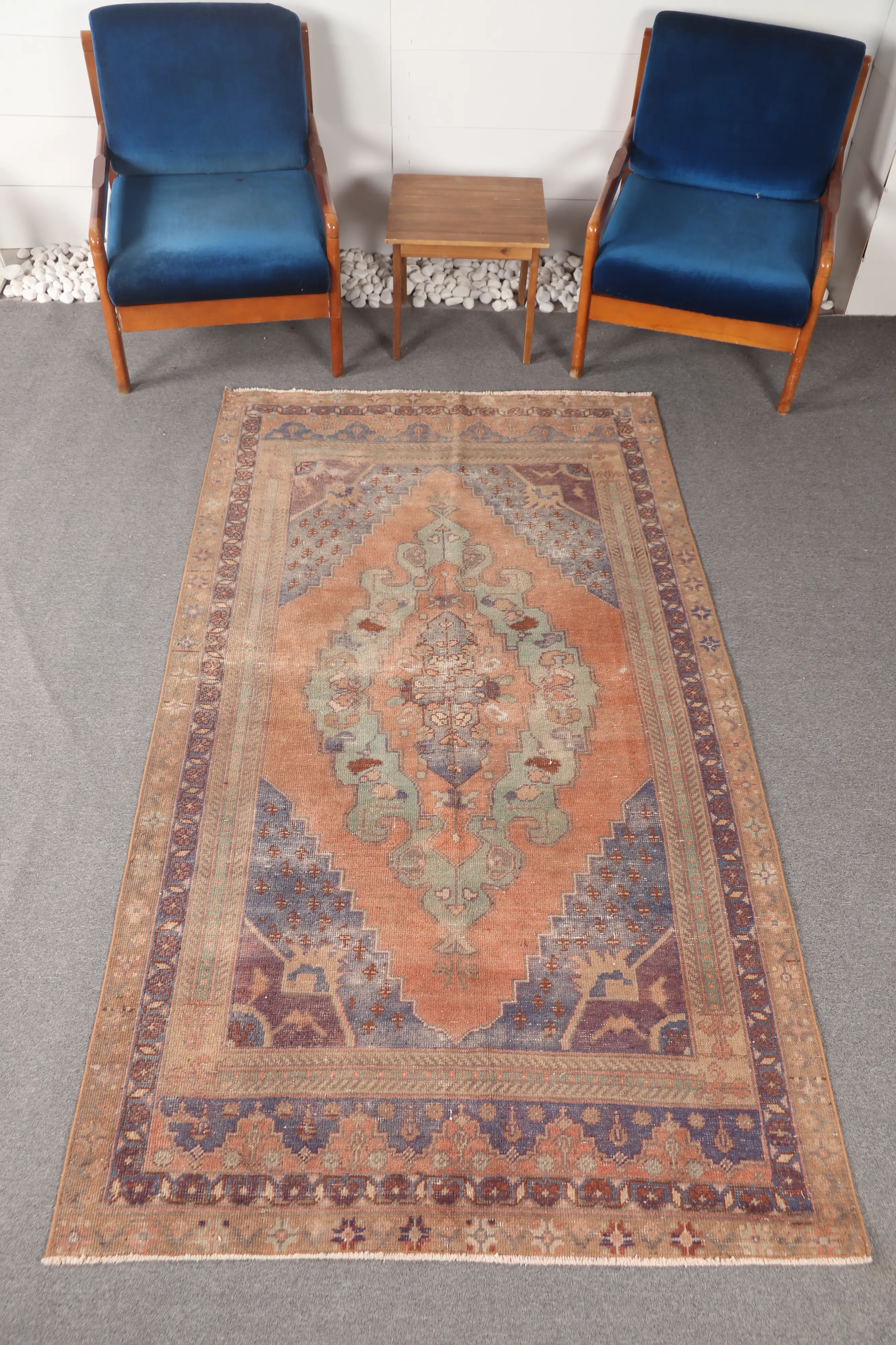 4.2x8 ft Turkish Rug, Vintage Accent Rug, Bronze Blue Geometric Rug - 1