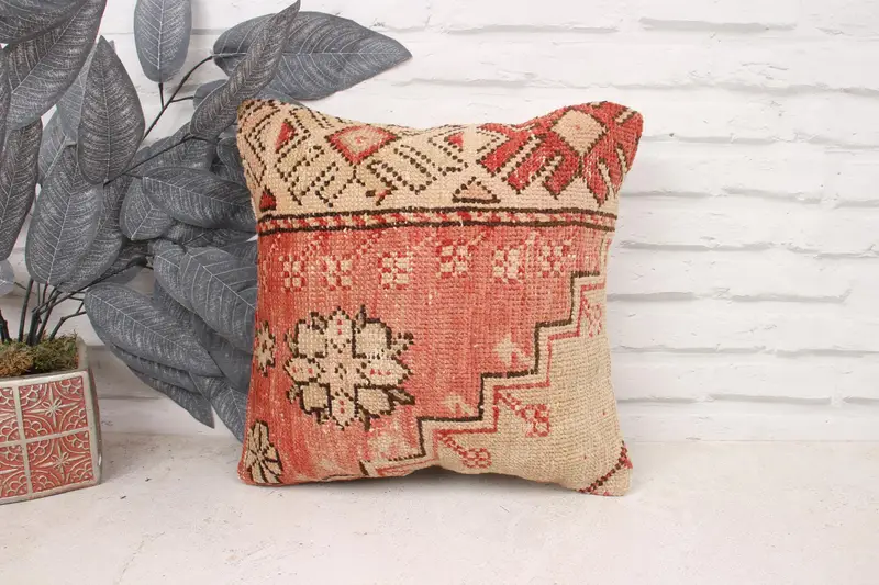 Orange & Beige Southwestern Embroidered Pillow, 14x14 Inches