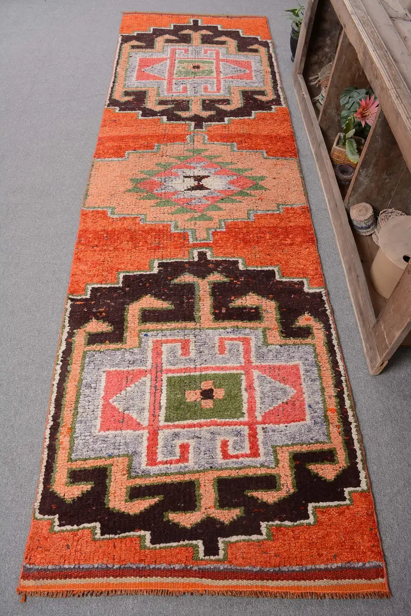 オレンジ&ブラウンチェックラグ 3x10フィート シックな装飾