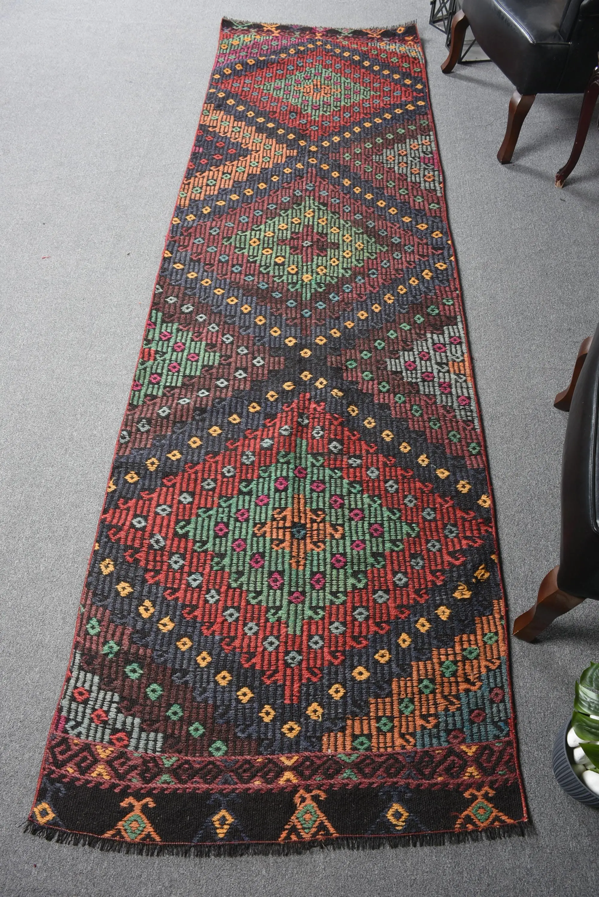 2.9x10.6 ft Runner Turkish Rug, Vintage Rug, Red Green Solid Wool Rug - 1